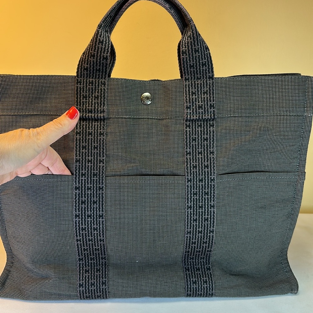 Hermes Heavy Canvas Vintage Zip Tote Gray w/H Design on Web straps Holds Laptop - Picture 6 of 14